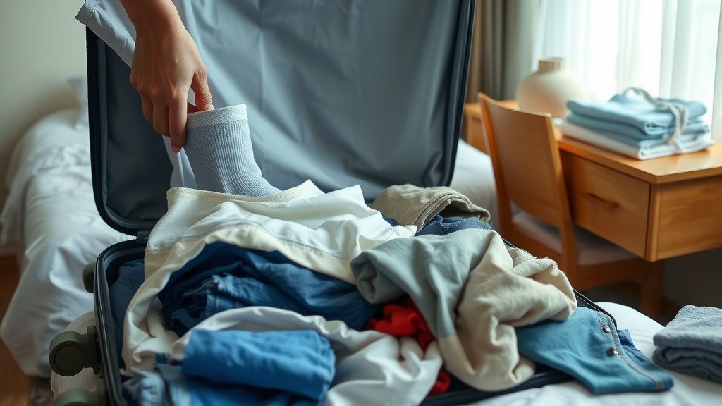Tangan mengeluarkan pakaian kotor dari koper di kamar hotel sederhana, persiapan sebelum laundry cepat